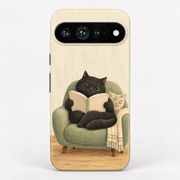 Cozy Reading Black Cat Google Pixel Case - centered back view