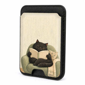 Cozy Reading Black Cat MagSafe Card Holder, front view