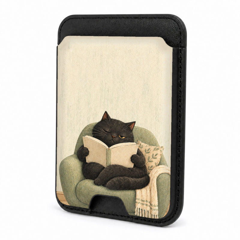 Cozy Reading Black Cat MagSafe Card Holder, front view