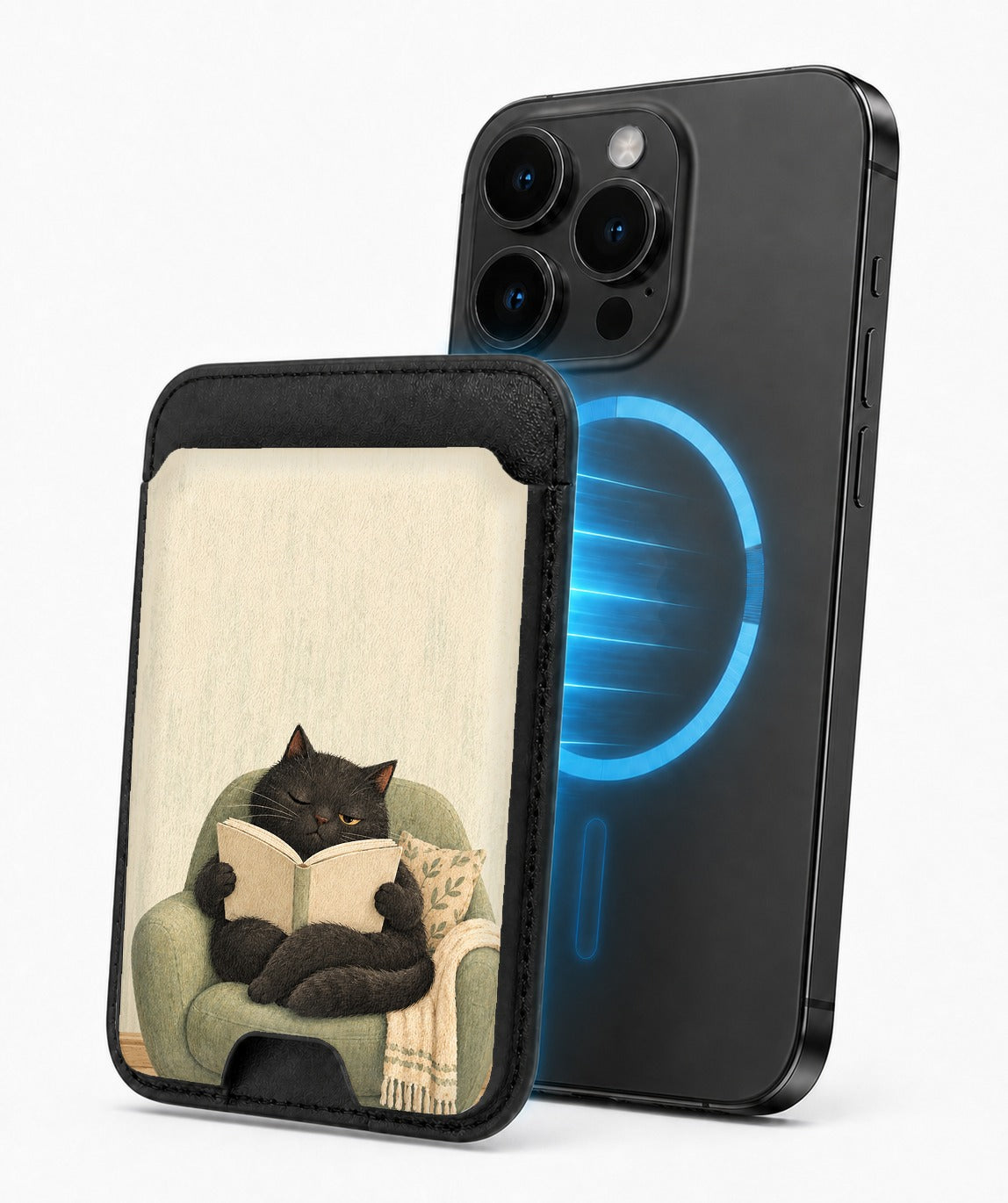 Cozy Reading Black Cat MagSafe Card Holder, magnetic attachment to a compatible iPhone