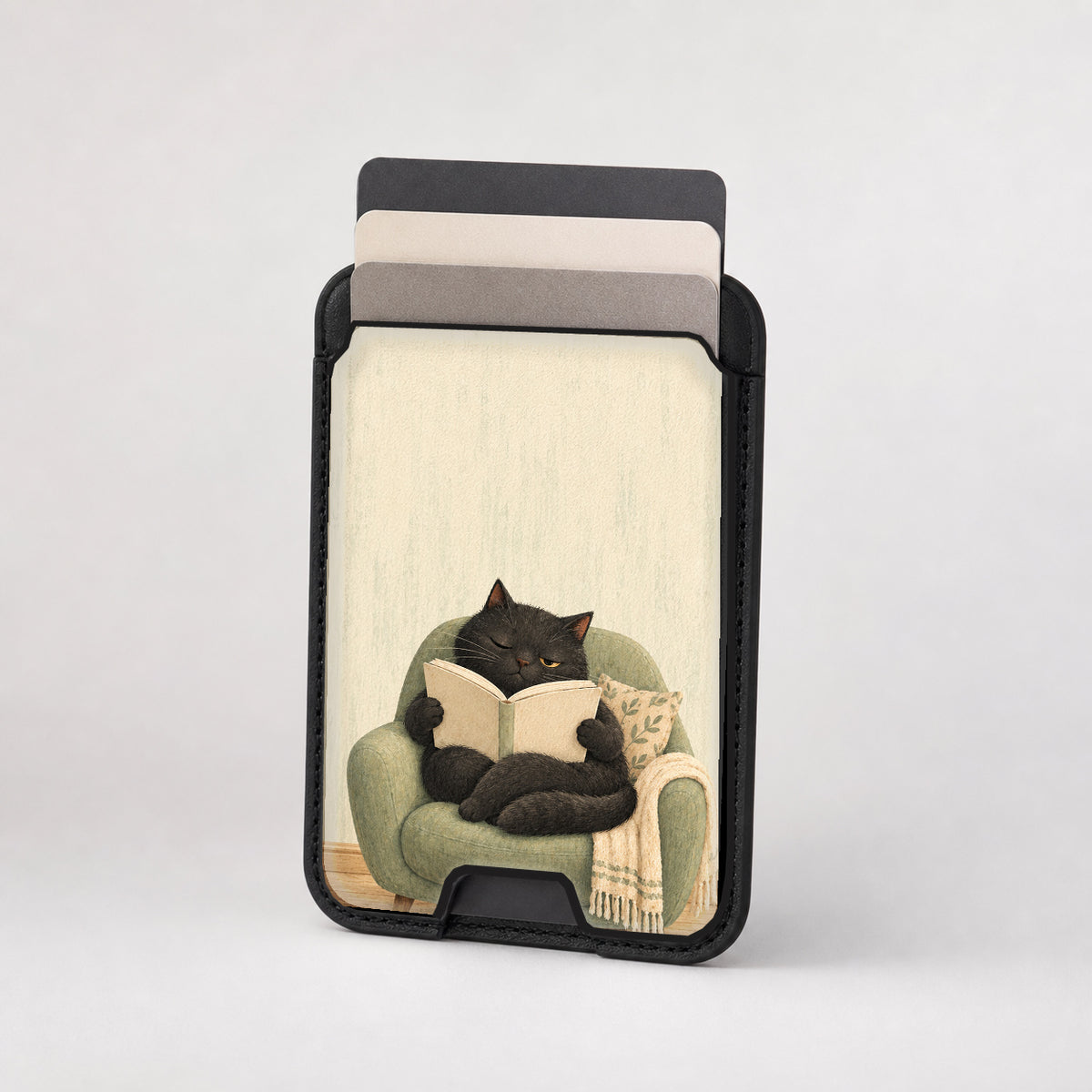 Cozy Reading Black Cat MagSafe Card Holder, card storage shown with cards