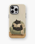 Cozy Reading Black Cat MagSafe iPhone Tough Case, rear view, iPhone11-16ProMax model image group