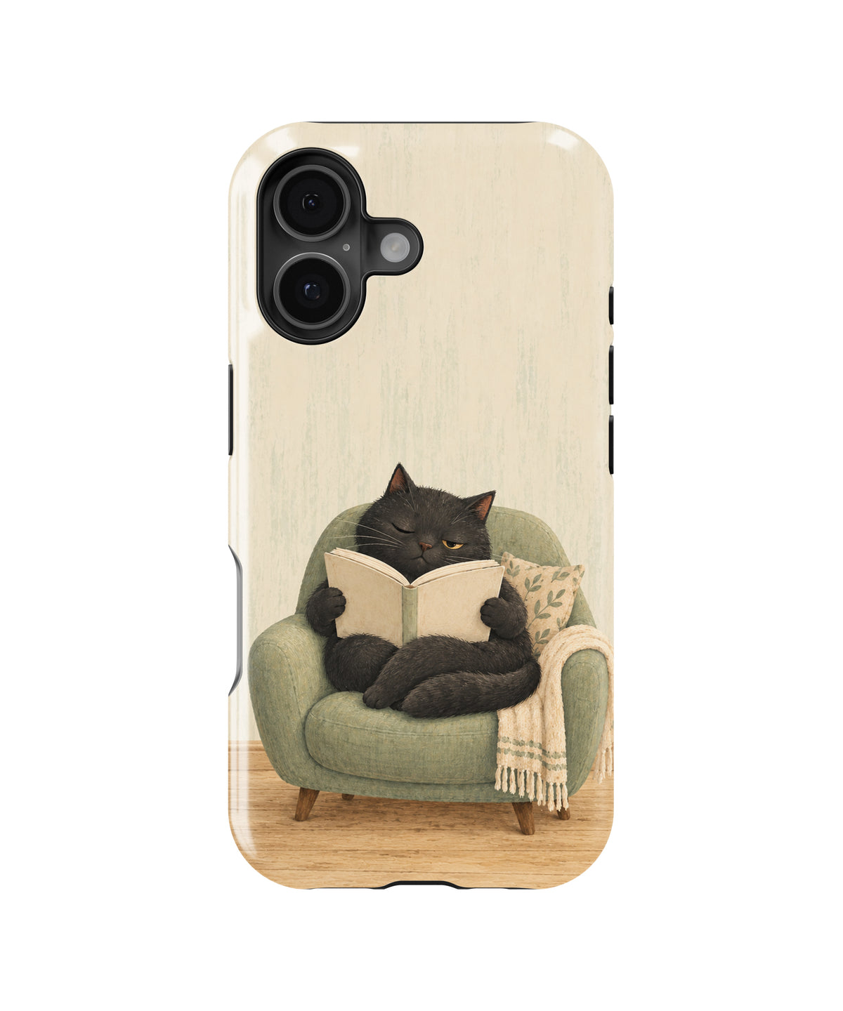 Cozy Reading Black Cat MagSafe iPhone Tough Case, rear view, iPhone16+16Plus+17 model image group