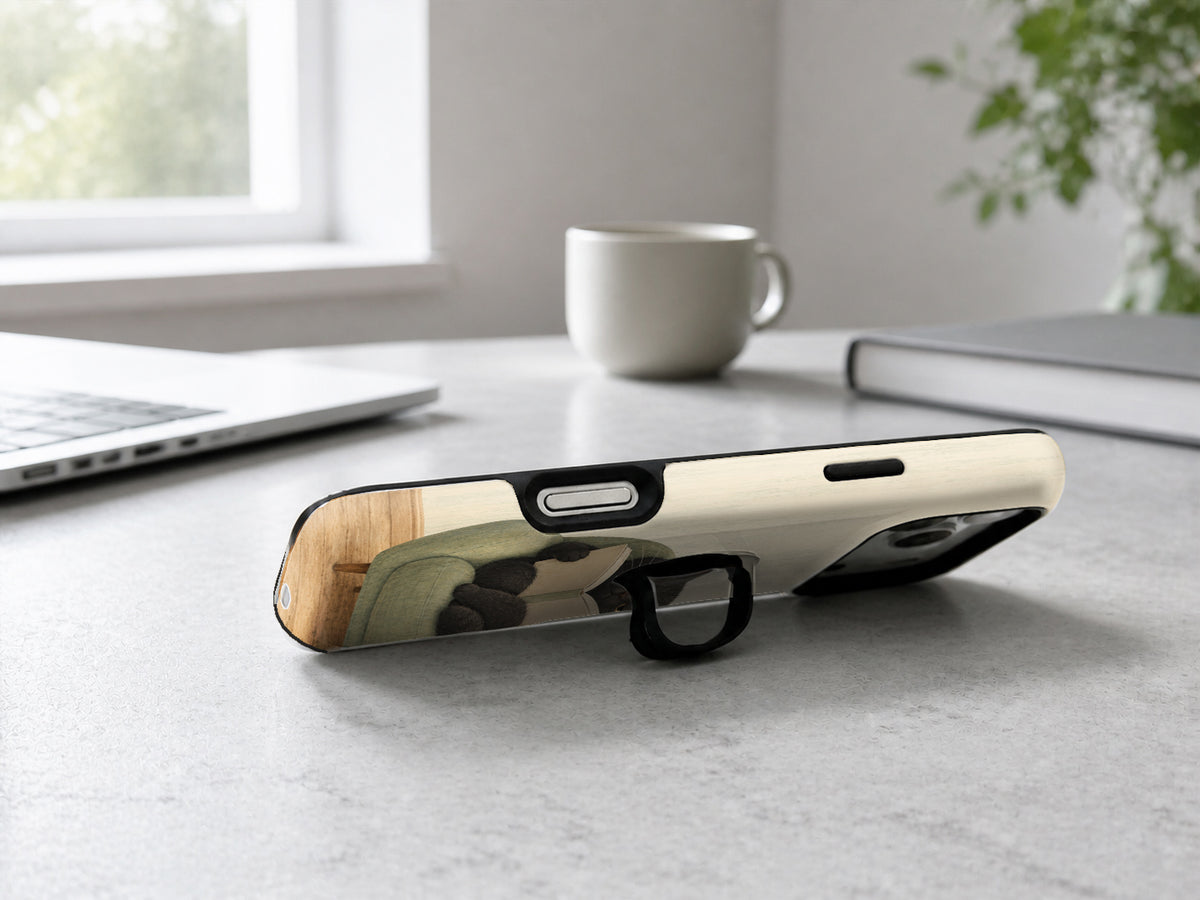 Cozy Reading Black Cat MagSafe Loop Case, shown as a hands-free kickstand