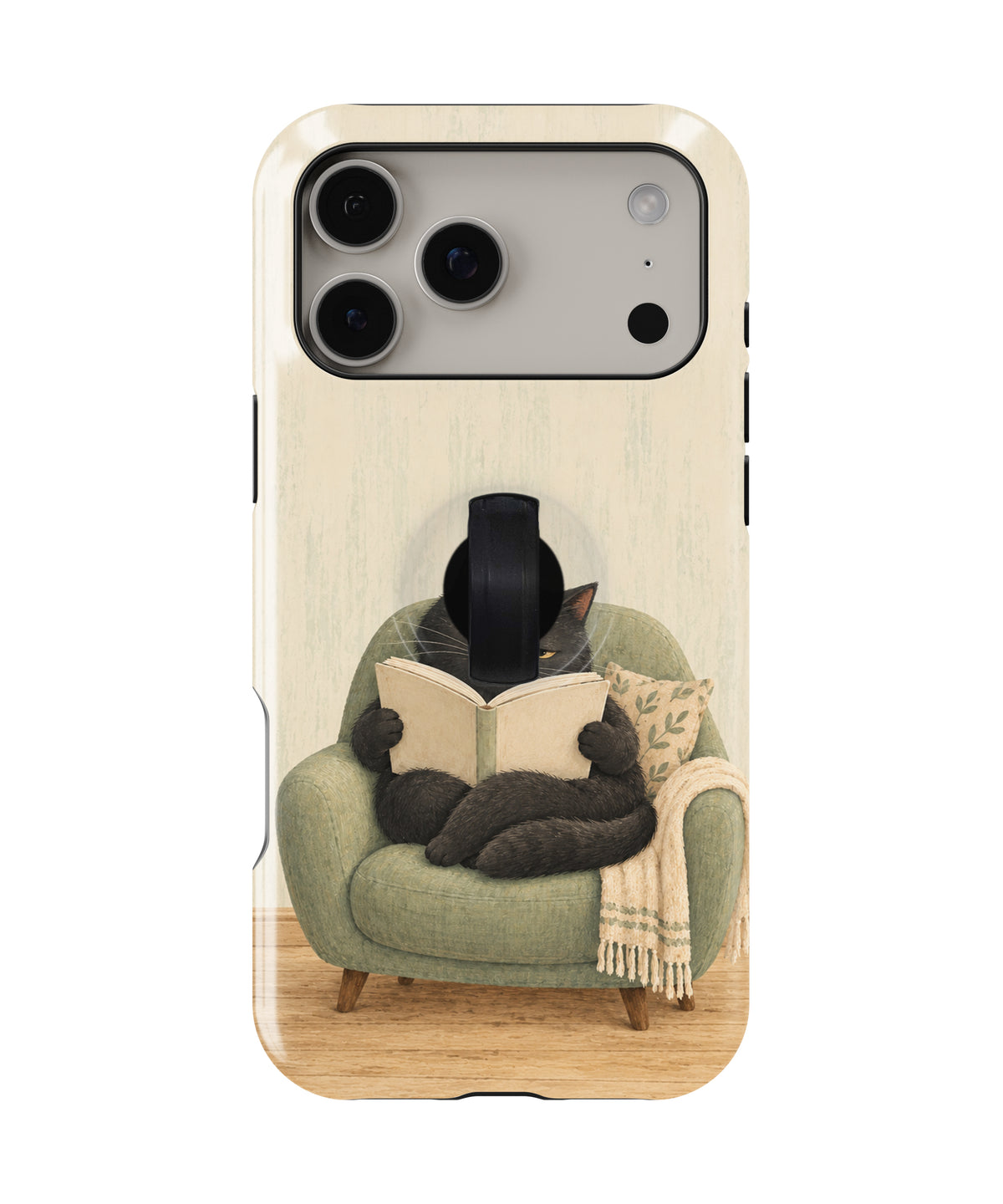 Cozy Reading Black Cat MagSafe Loop Case, rear view with finger loop folded flat
