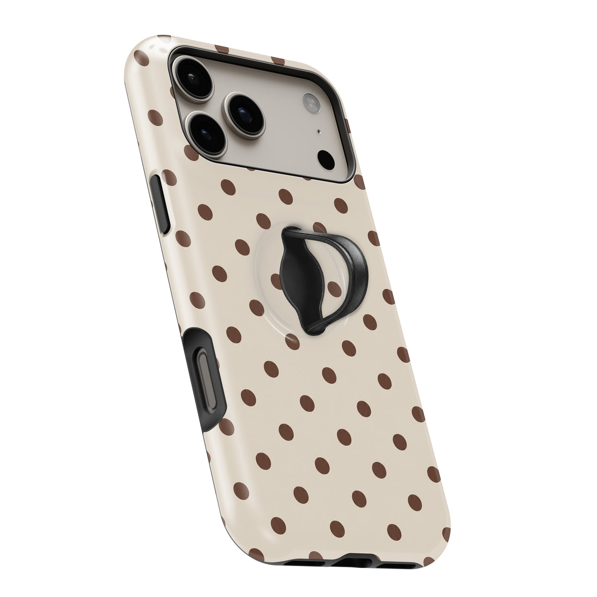 Cream Coffee Polka Dots MagSafe Loop iPhone Case - angled view