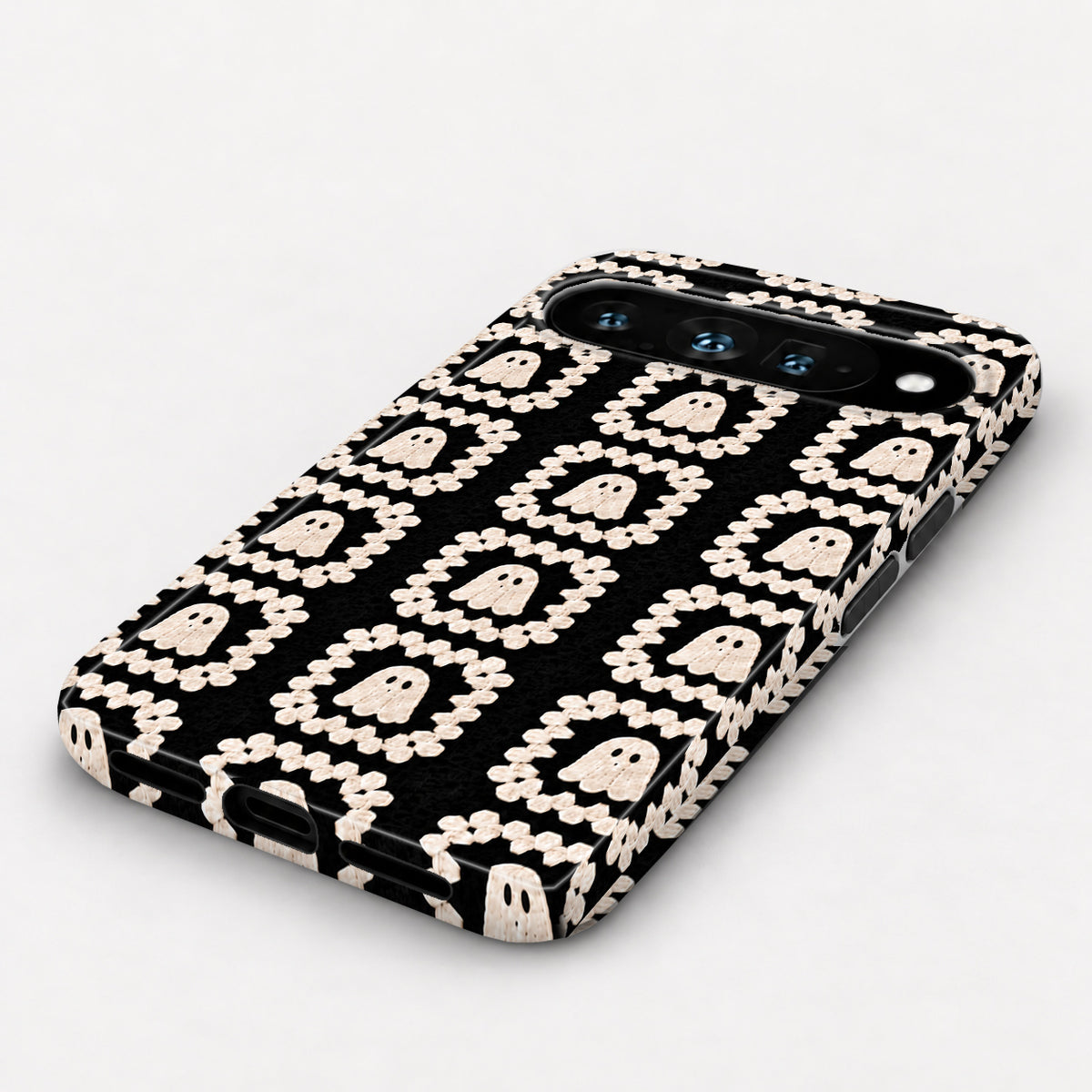 Cream Ghost Granny Square Pattern Google Pixel Case - angled bottom view