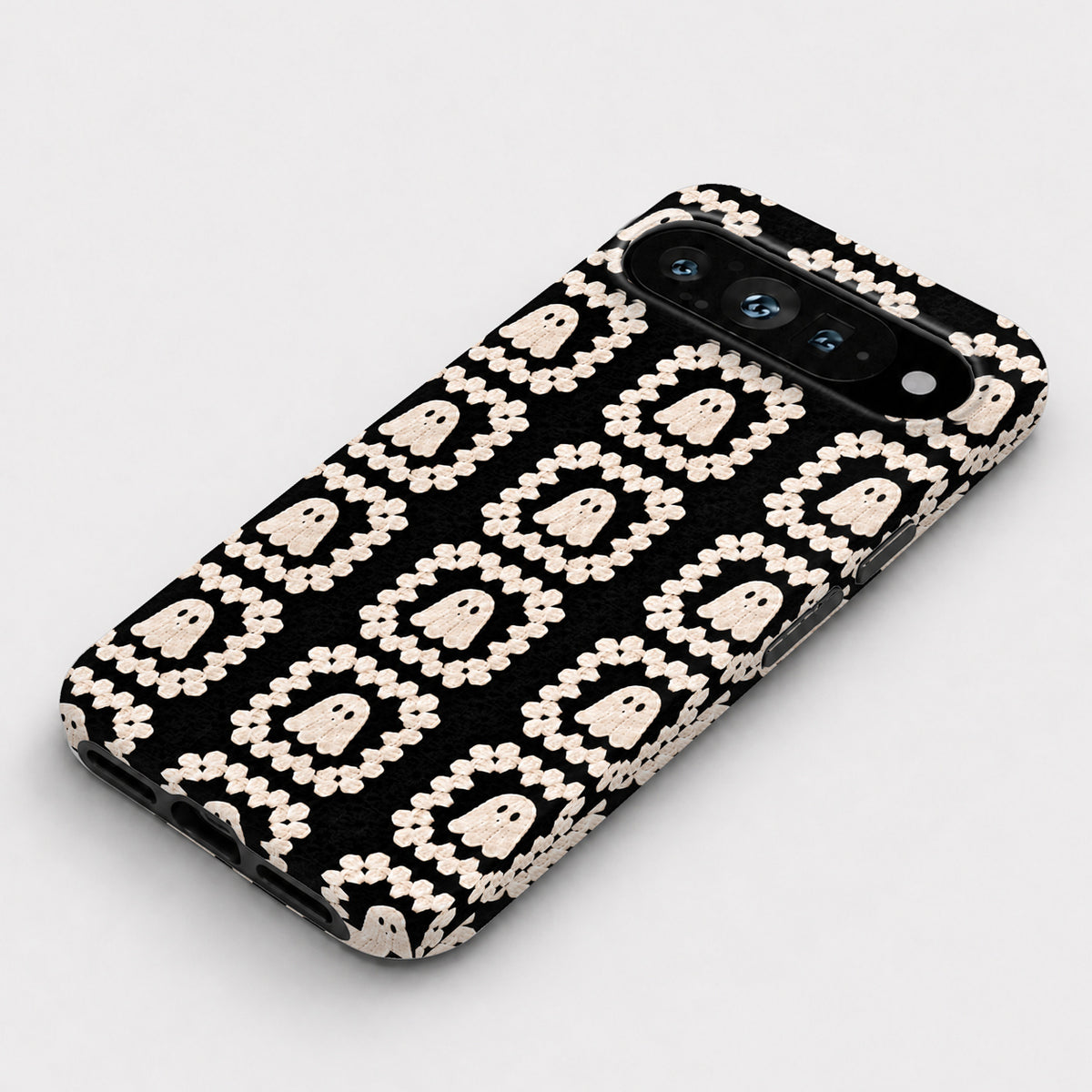 Cream Ghost Granny Square Pattern Google Pixel Case - flat angled view