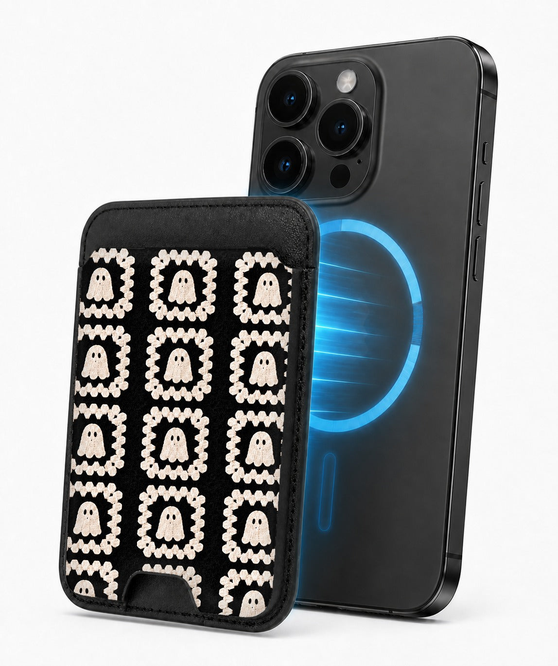 Cream Ghost Granny Square Pattern MagSafe Card Holder, magnetic attachment to a compatible iPhone