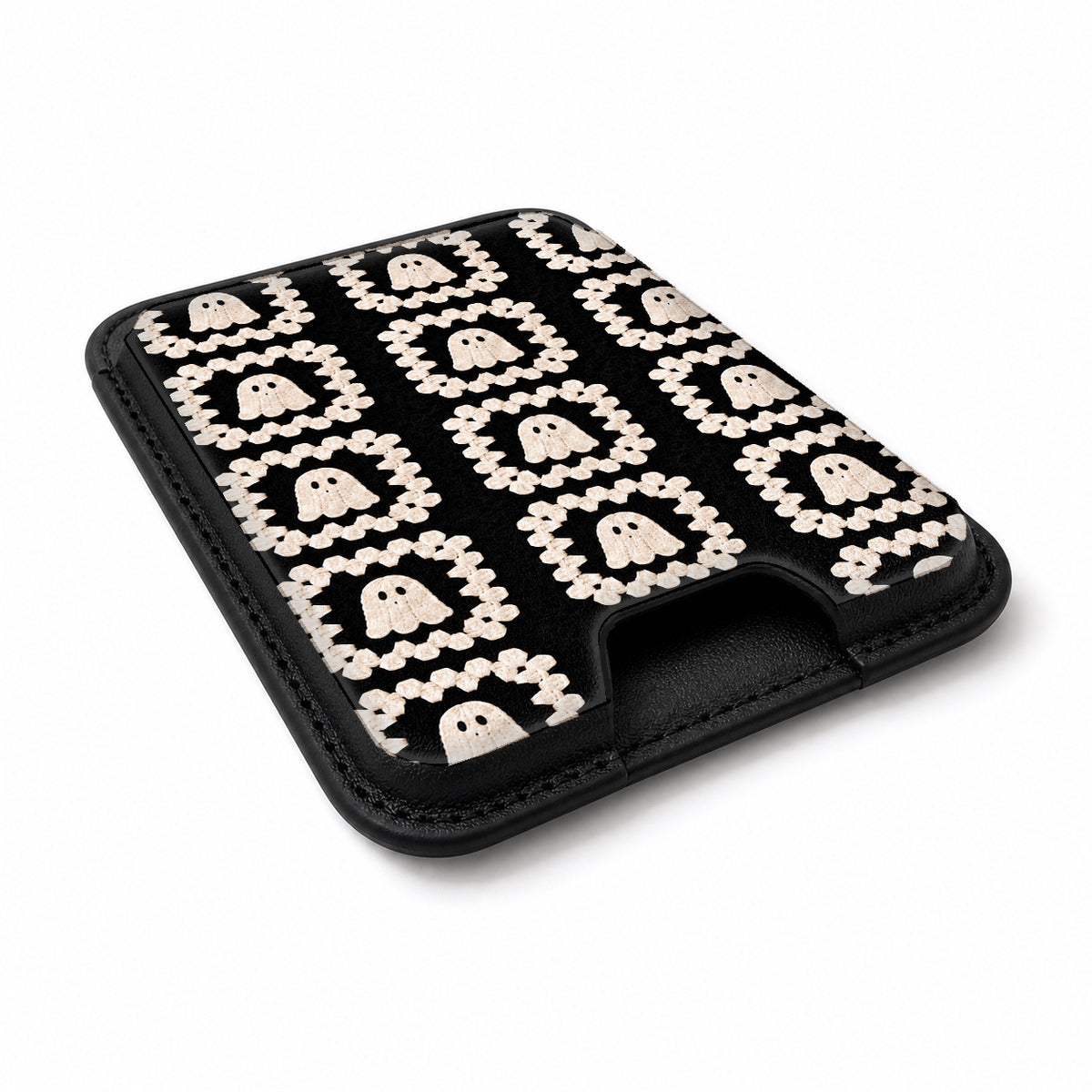 Cream Ghost Granny Square Pattern MagSafe Card Holder, angled view showing the thumb access opening