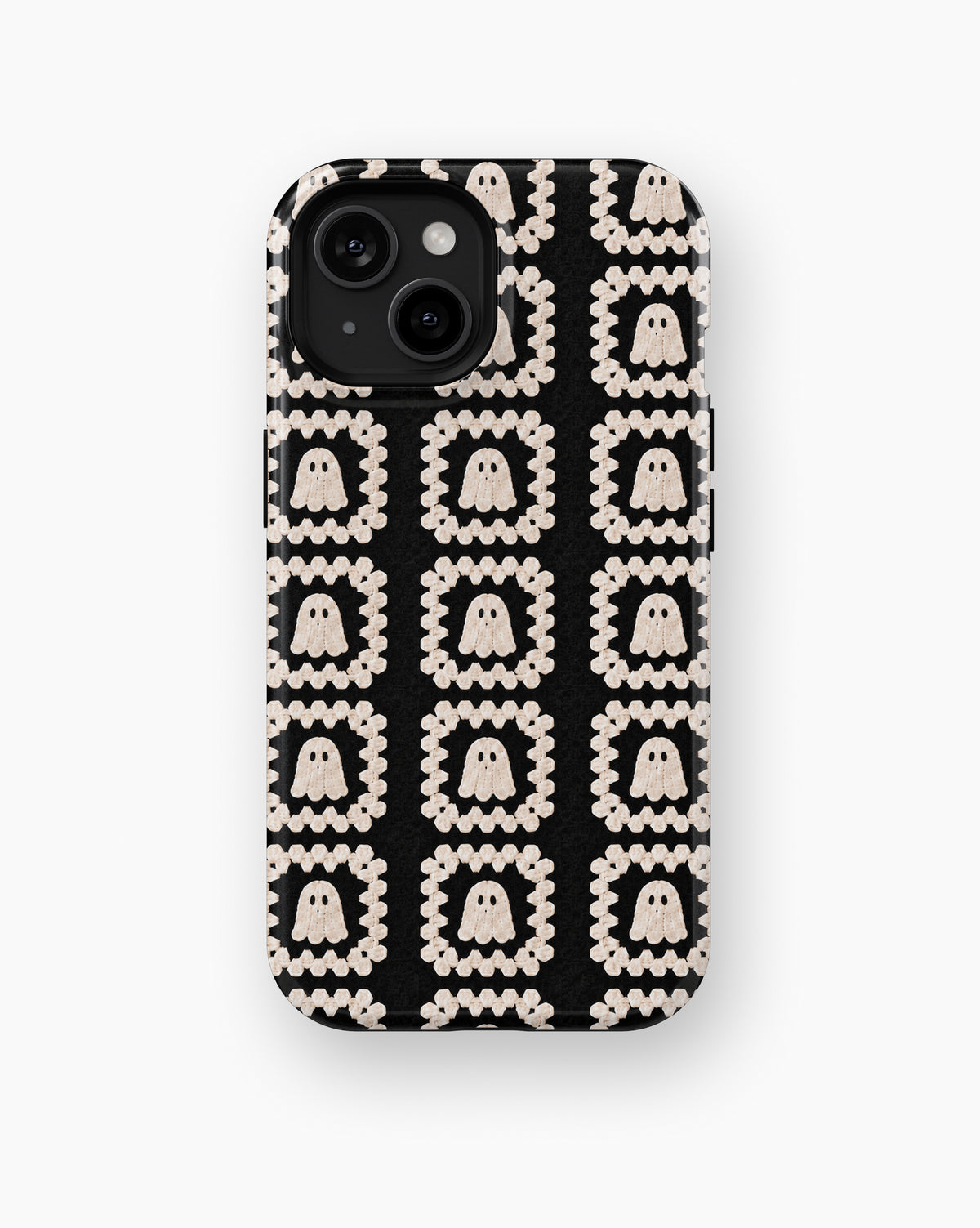 Cream Ghost Granny Square Pattern MagSafe iPhone Tough Case, rear view, iPhone11-15 model image group