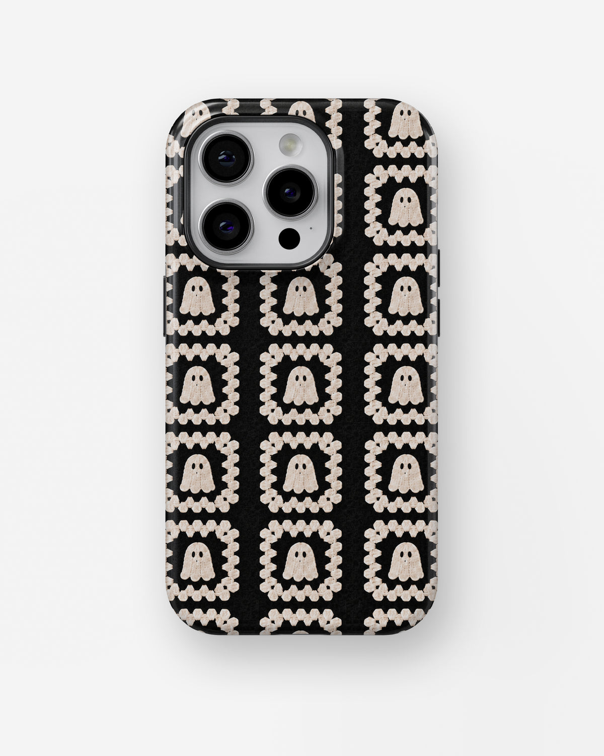 Cream Ghost Granny Square Pattern MagSafe iPhone Tough Case, rear view, iPhone11-16Pro model image group