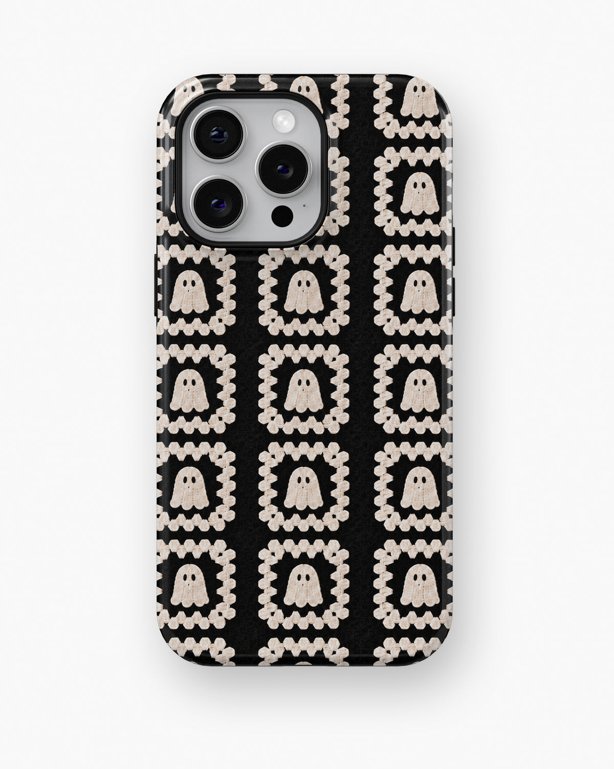 Cream Ghost Granny Square Pattern MagSafe iPhone Tough Case, rear view, iPhone11-16ProMax model image group