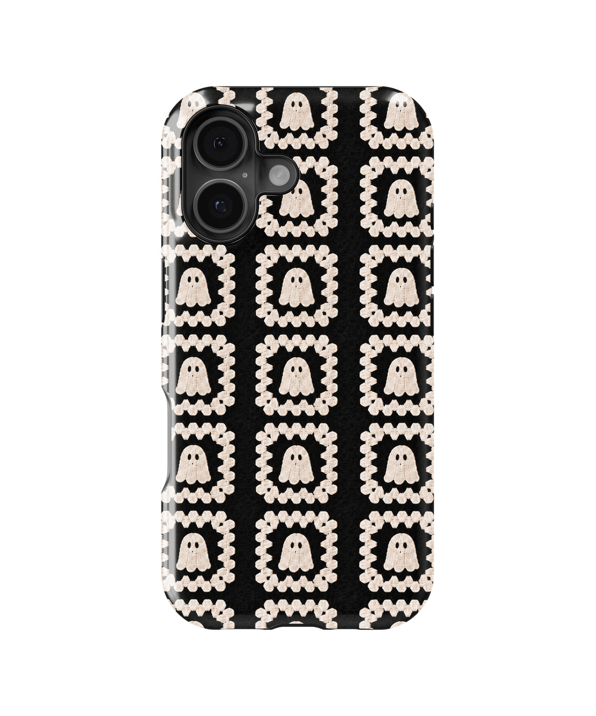 Cream Ghost Granny Square Pattern MagSafe iPhone Tough Case, rear view, iPhone16+16Plus+17 model image group