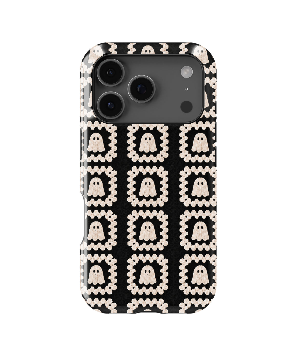 Cream Ghost Granny Square Pattern MagSafe iPhone Tough Case, rear view, iPhone17-18Pro model image group
