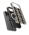 Cream Ghost Granny Square Pattern MagSafe iPhone Tough Case, exploded view showing outer shell, inner layer and magnetic ring