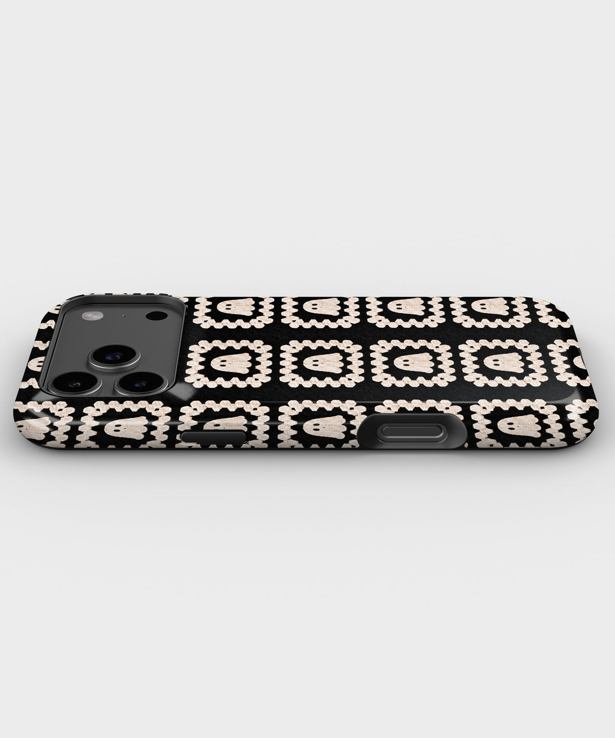 Cream Ghost Granny Square Pattern MagSafe iPhone Tough Case, side view showing case edges