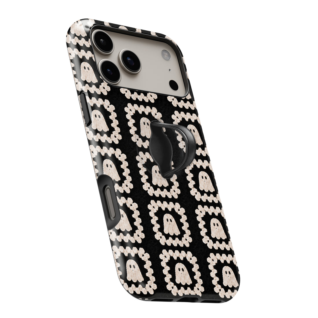 Cream Ghost Granny Square Pattern MagSafe Loop Case, angled view with finger loop extended