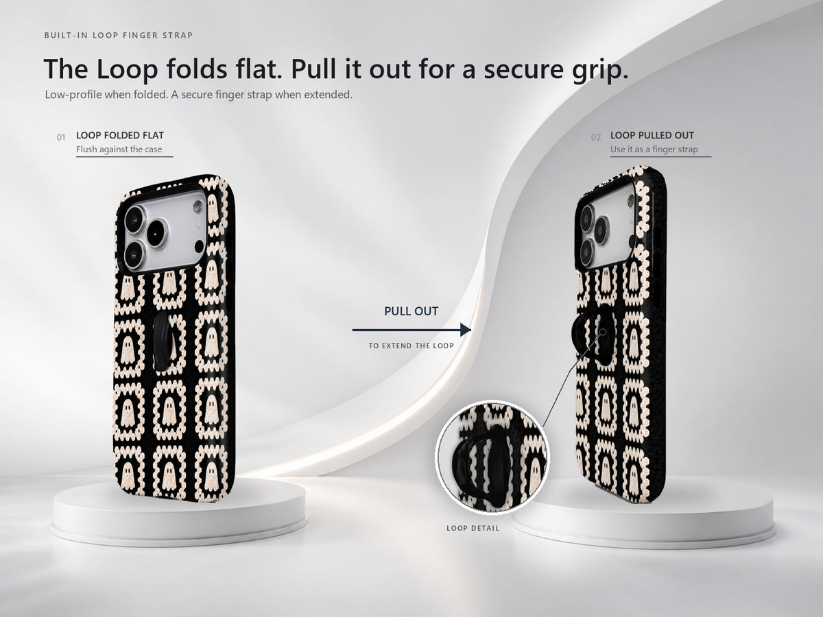Cream Ghost Granny Square Pattern MagSafe Loop Case, finger loop folded and extended positions