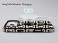 Cream Ghost Granny Square Pattern MagSafe Loop Case, shown with a MagSafe wireless charger
