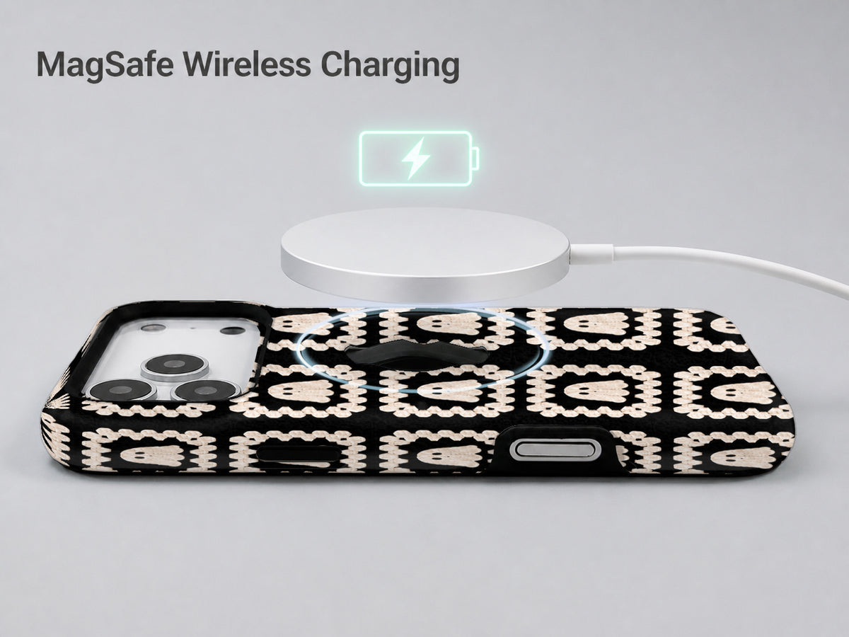 Cream Ghost Granny Square Pattern MagSafe Loop Case, shown with a MagSafe wireless charger
