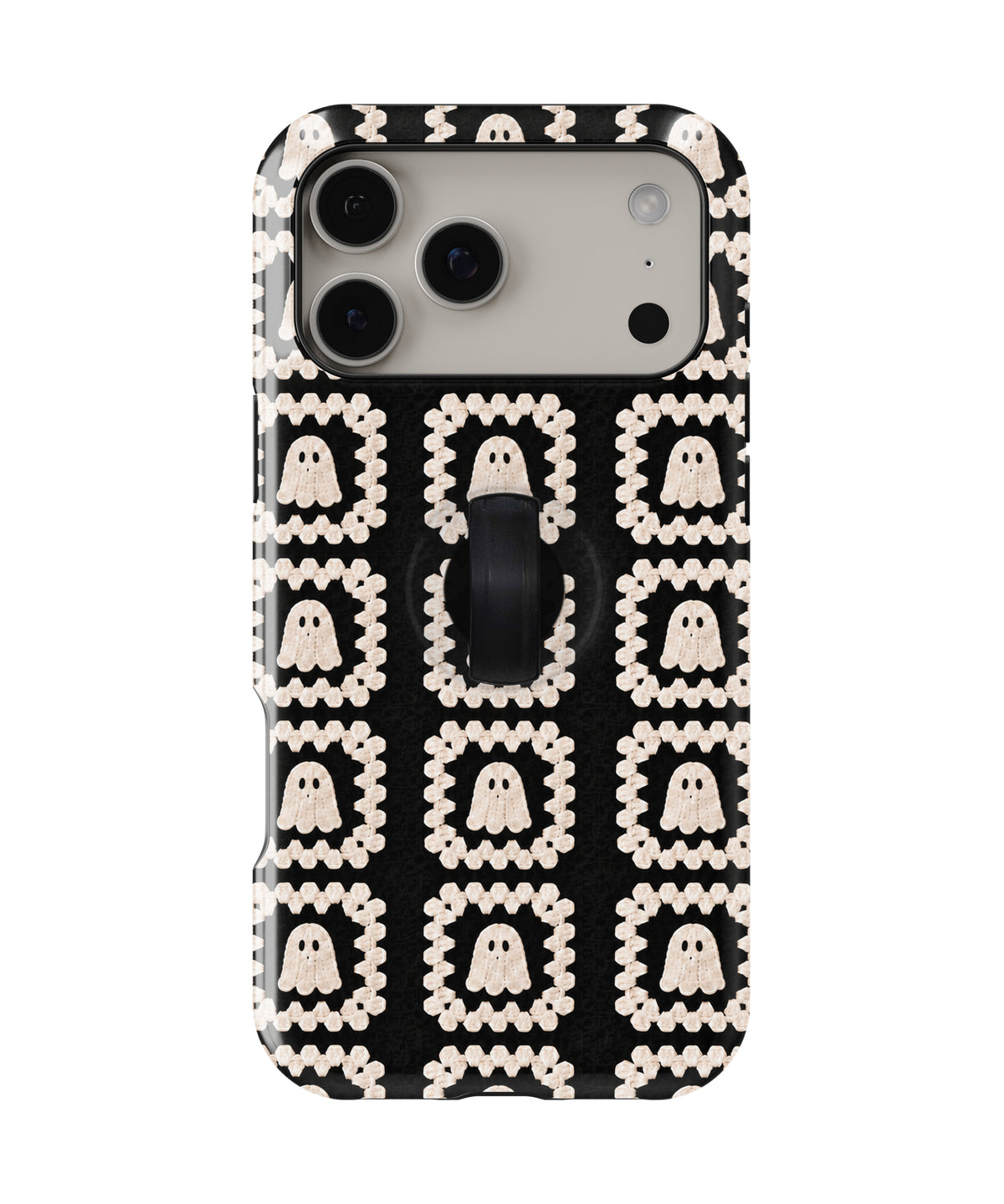 Cream Ghost Granny Square Pattern MagSafe Loop Case, rear view with finger loop folded flat