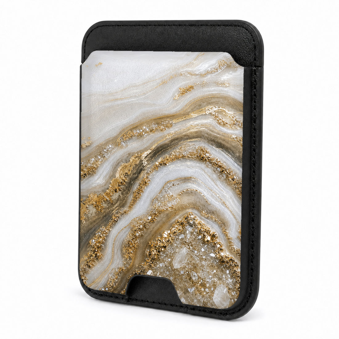 Front view of the Cream Gold Geode Marble MagSafe card holder on a white background