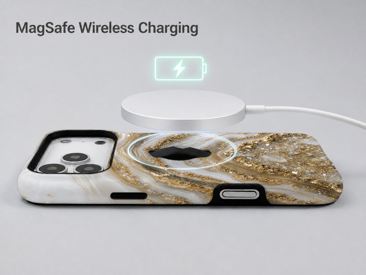 Cream Gold Geode Marble MagSafe Loop iPhone Case shown with a MagSafe-compatible wireless charger attached