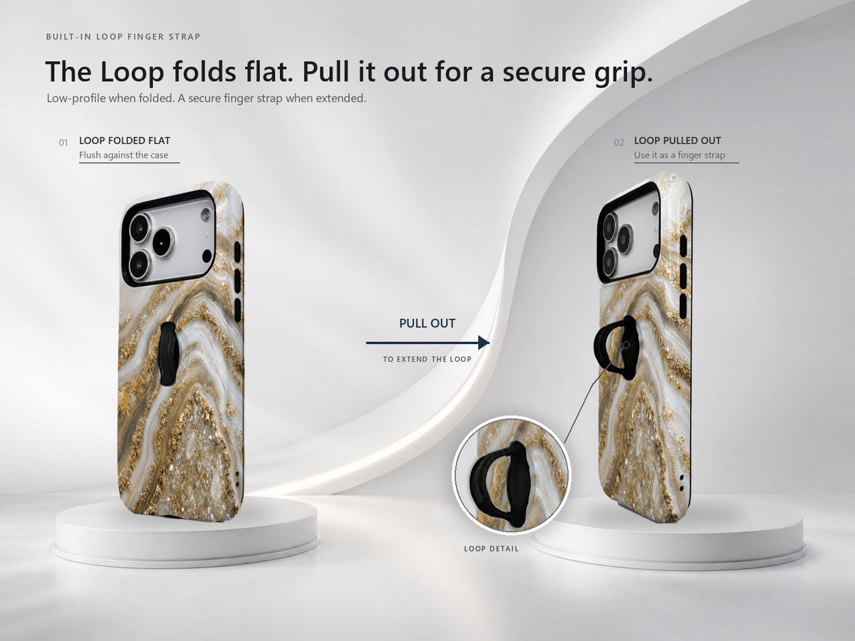 Cream Gold Geode Marble MagSafe Loop iPhone Case side view showing the built-in finger loop