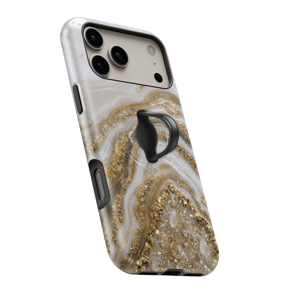 Cream Gold Geode Marble MagSafe Loop iPhone case with built-in finger loop open