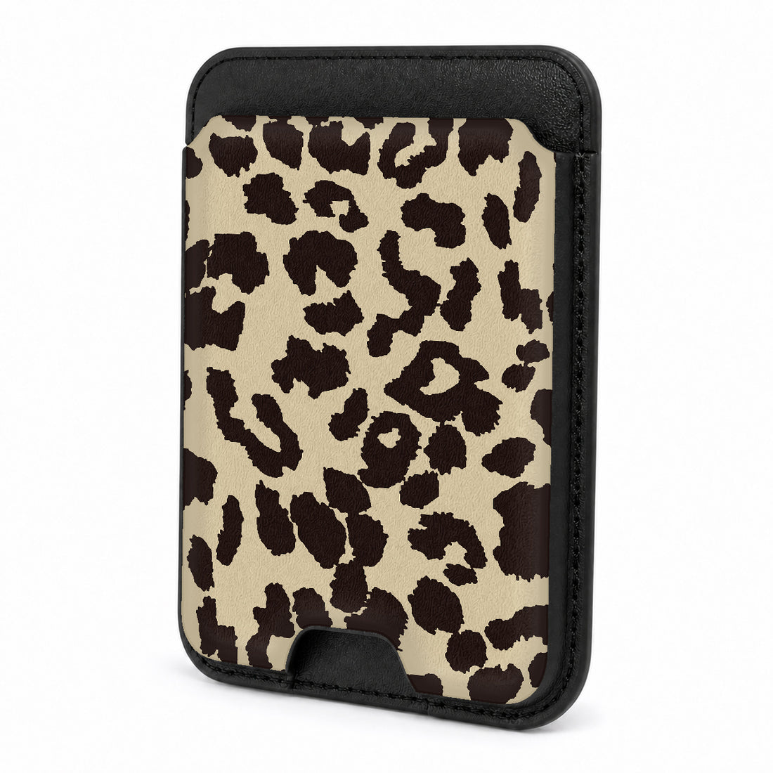 Front view of the Cream Leopard Print MagSafe card holder on a white background