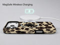 Cream Leopard Print MagSafe Loop iPhone Case shown with a MagSafe-compatible wireless charger attached