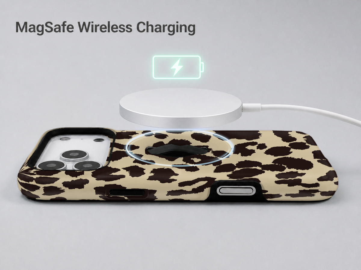 Cream Leopard Print MagSafe Loop iPhone Case shown with a MagSafe-compatible wireless charger attached