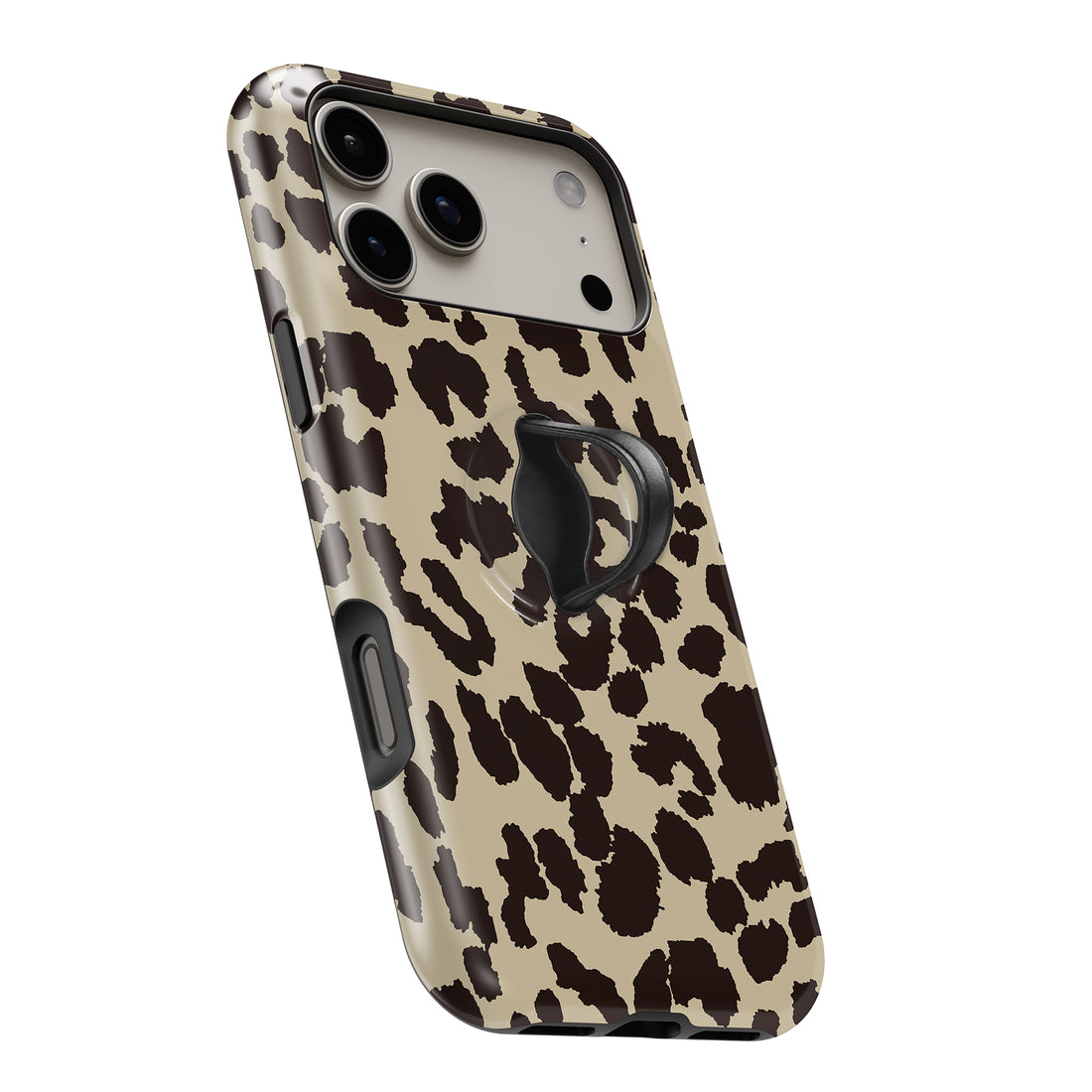 Cream Leopard Print MagSafe Loop iPhone case with built-in finger loop open