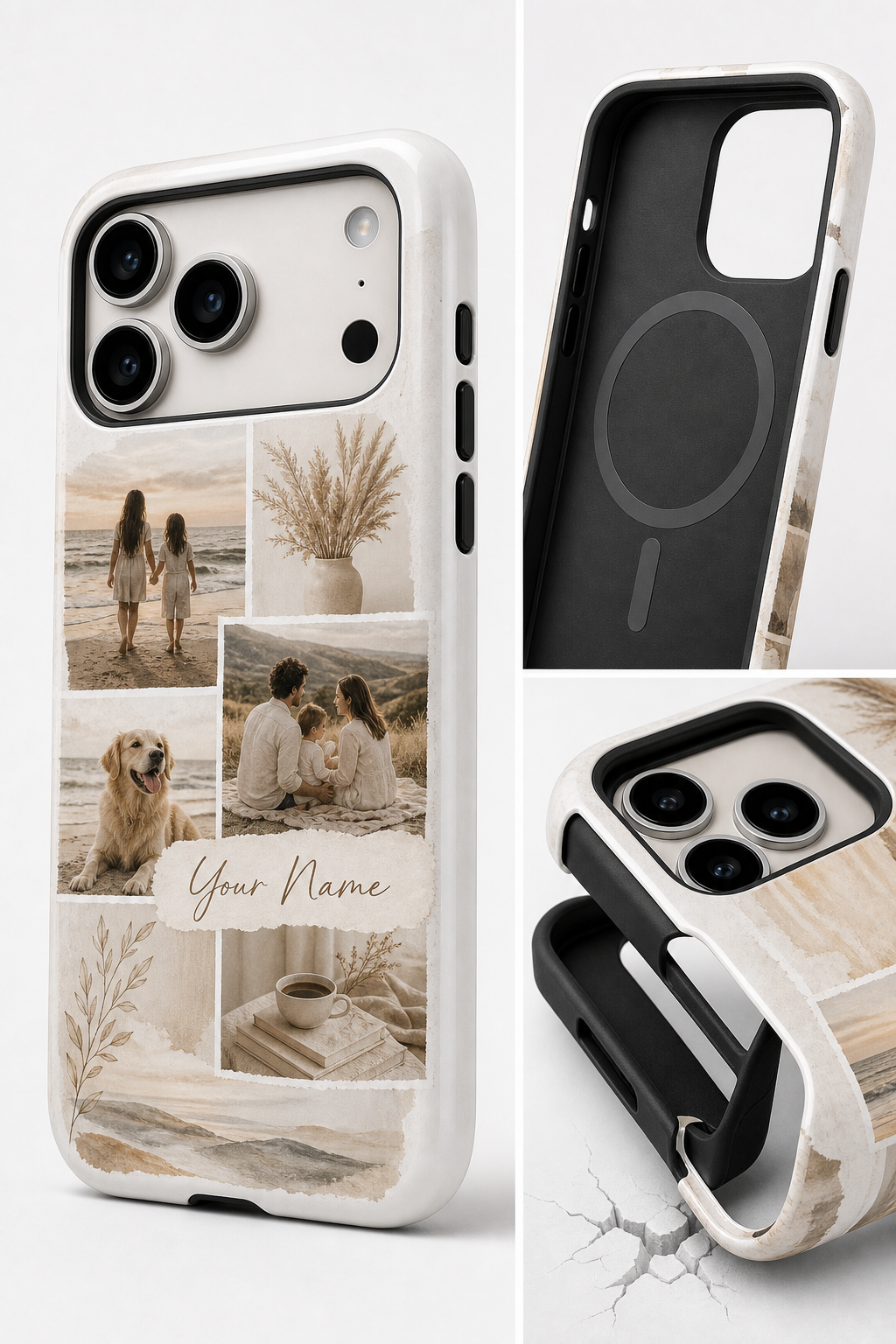 Custom MagSafe shockproof case detail with white printed shell and black TPU liner