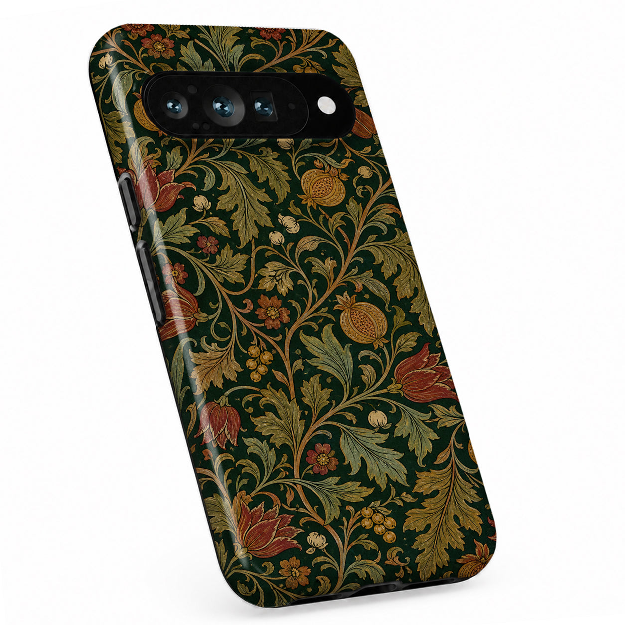 Dark Arts and Crafts Floral Google Pixel case with botanical flowers and leaves