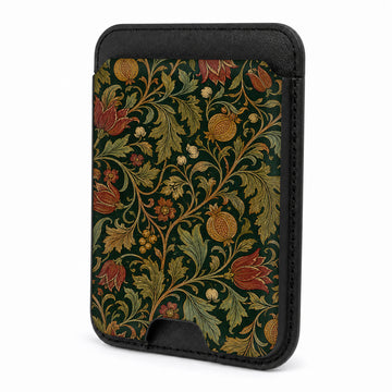 Front view of the Dark Arts and Crafts Floral MagSafe card holder on a white background