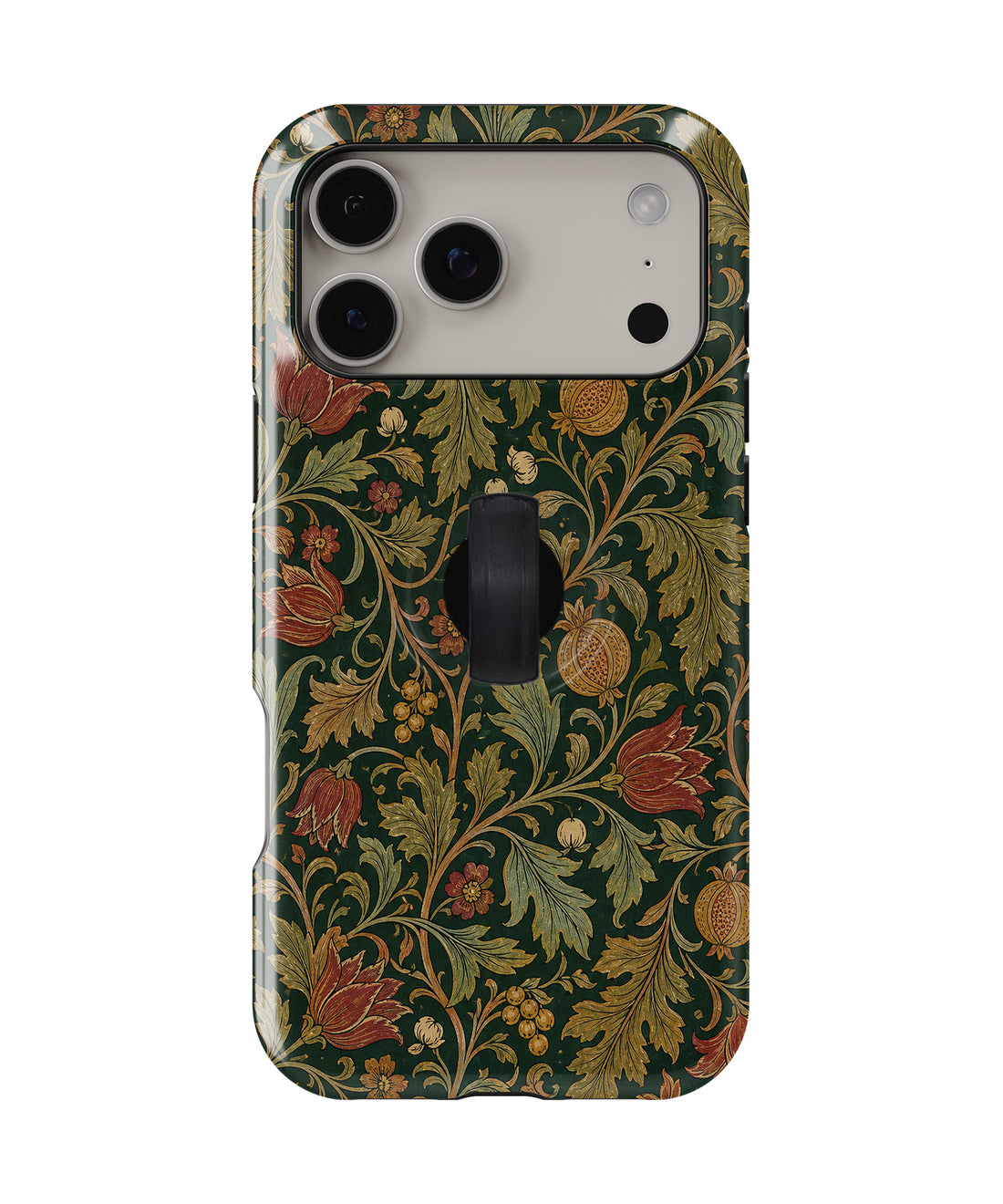 Dark Arts and Crafts Floral MagSafe Loop iPhone Case with built-in finger loop closed