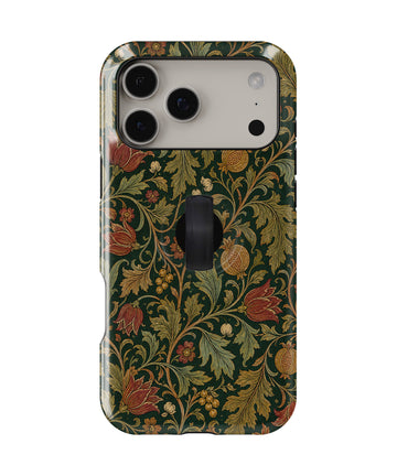 Dark Arts and Crafts Floral MagSafe Loop iPhone Case with built-in finger loop closed