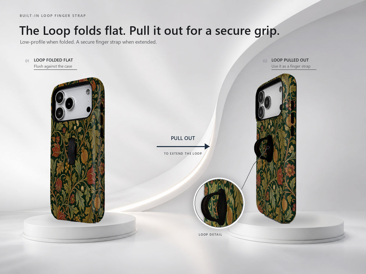 Dark Arts and Crafts Floral MagSafe Loop iPhone Case side view showing the built-in finger loop