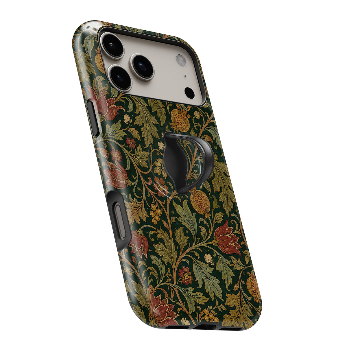 Dark Arts and Crafts Floral MagSafe Loop iPhone case with built-in finger loop open