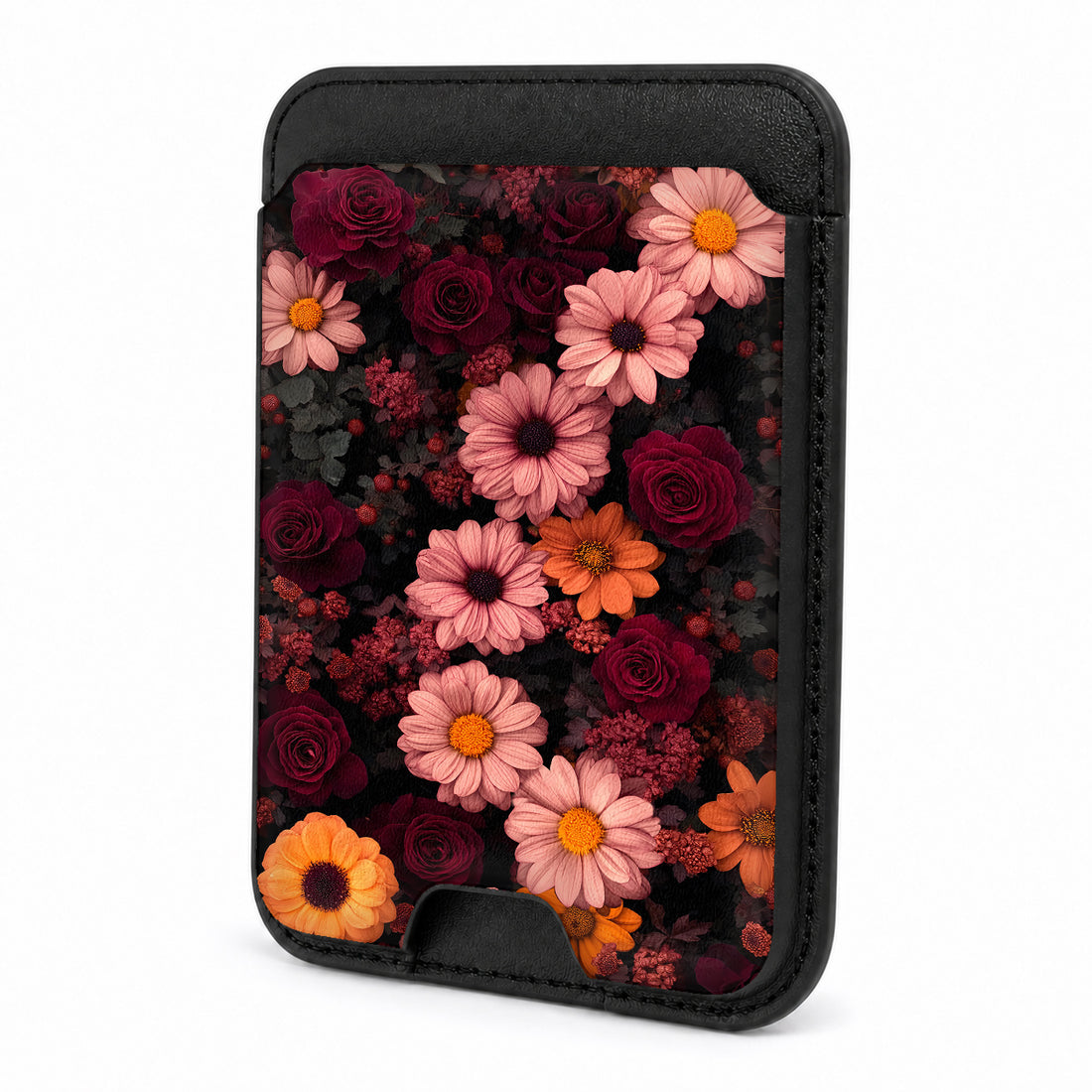 Front view of the Dark Autumn Daisy Floral MagSafe card holder on a white background