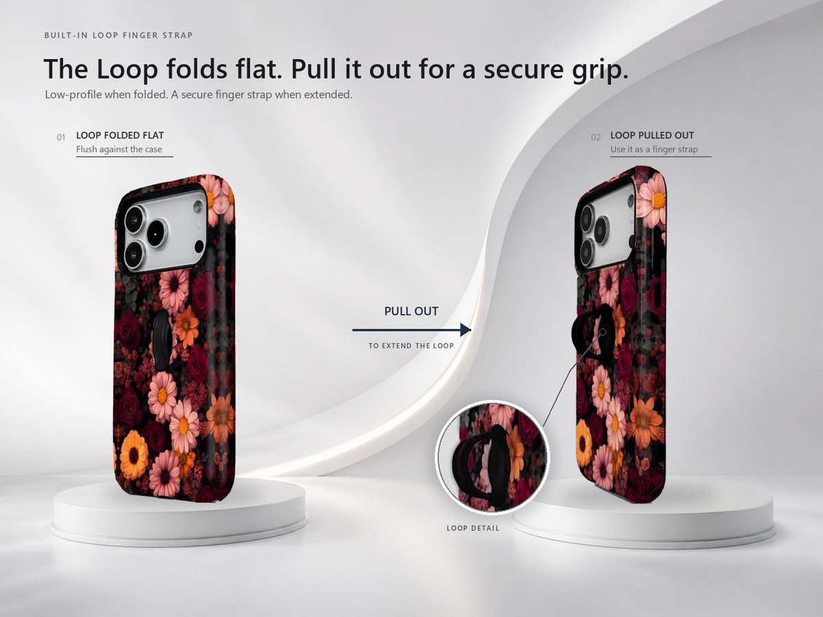 Dark Autumn Daisy Floral MagSafe Loop iPhone Case side view showing the built-in finger loop