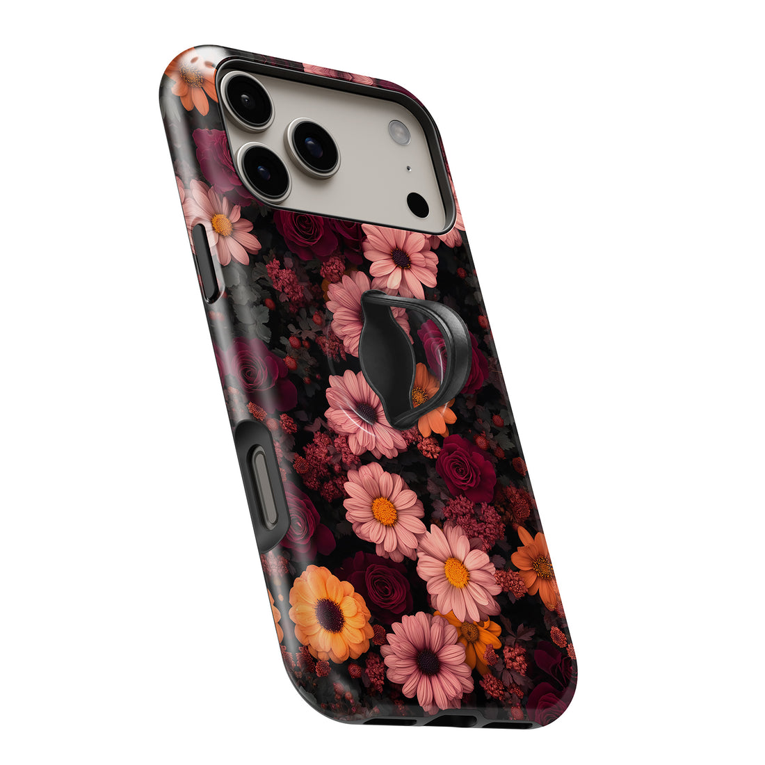 Dark Autumn Daisy Floral MagSafe Loop iPhone case with built-in finger loop open
