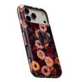 Dark Autumn Daisy Floral MagSafe Loop iPhone case with built-in finger loop open