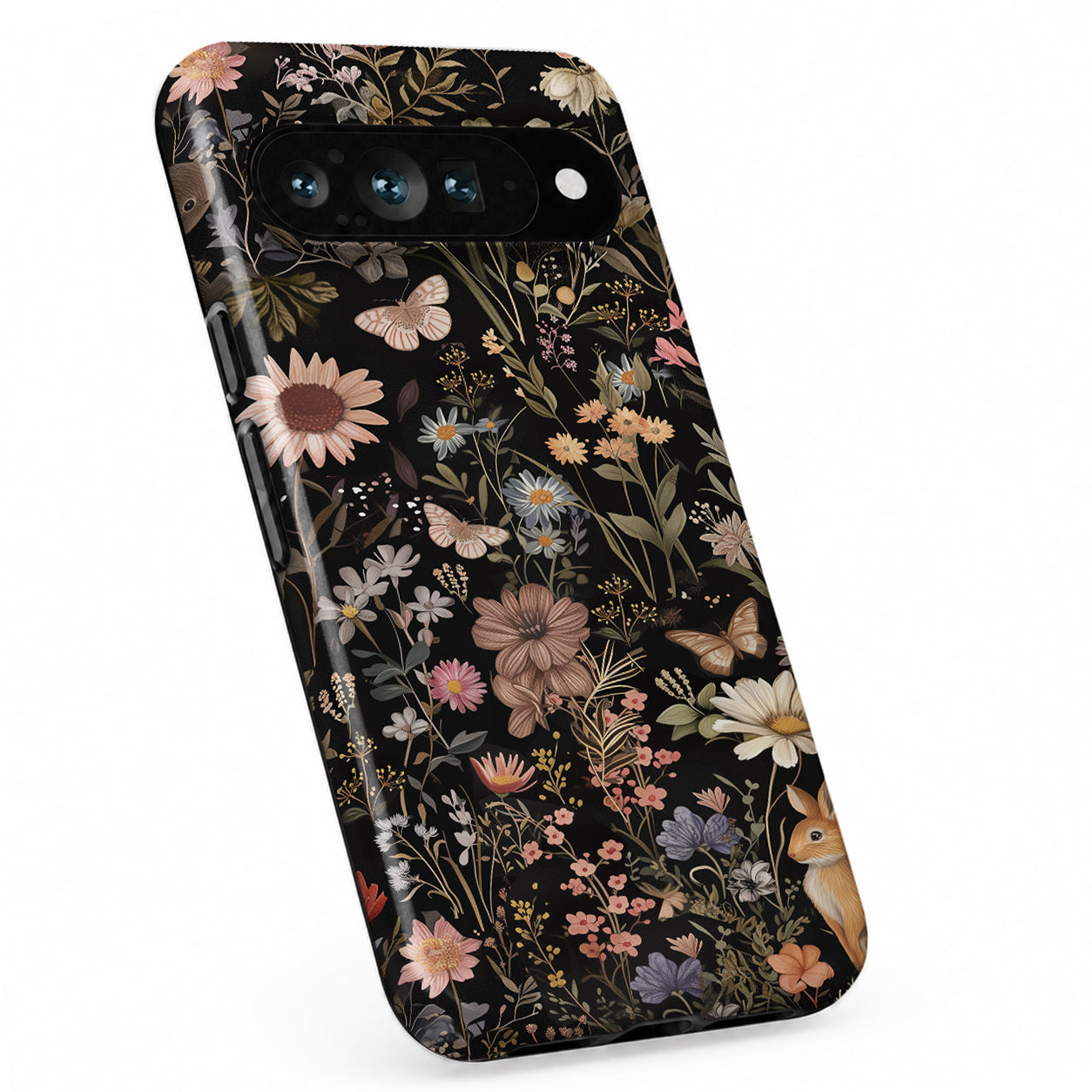 Dark Cottage Garden Floral Google Pixel case with botanical flowers and leaves