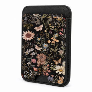 Front view of the Dark Cottage Garden Floral MagSafe card holder on a white background
