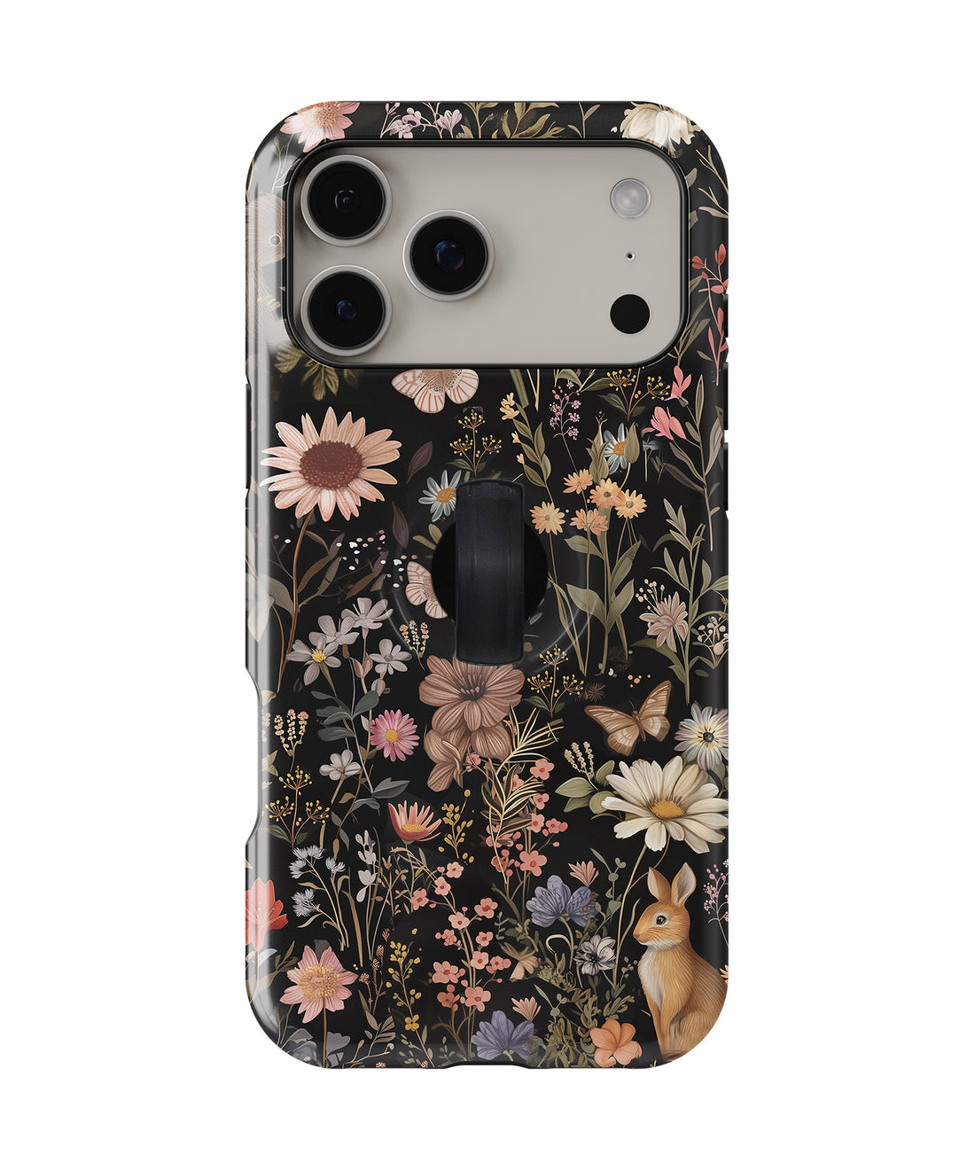 Dark Cottage Garden Floral MagSafe Loop iPhone Case with built-in finger loop closed