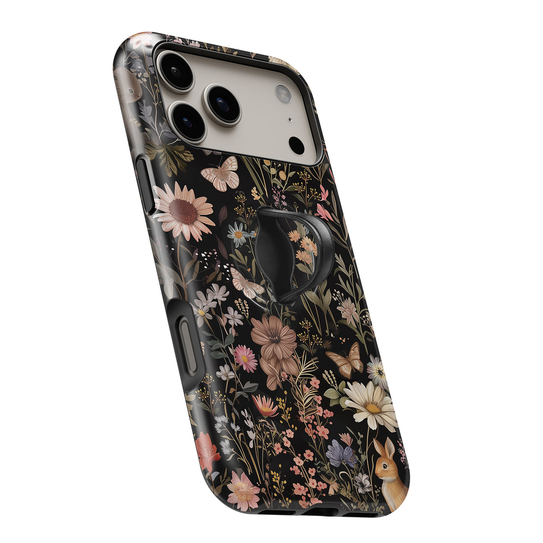 Dark Cottage Garden Floral MagSafe Loop iPhone case with built-in finger loop open