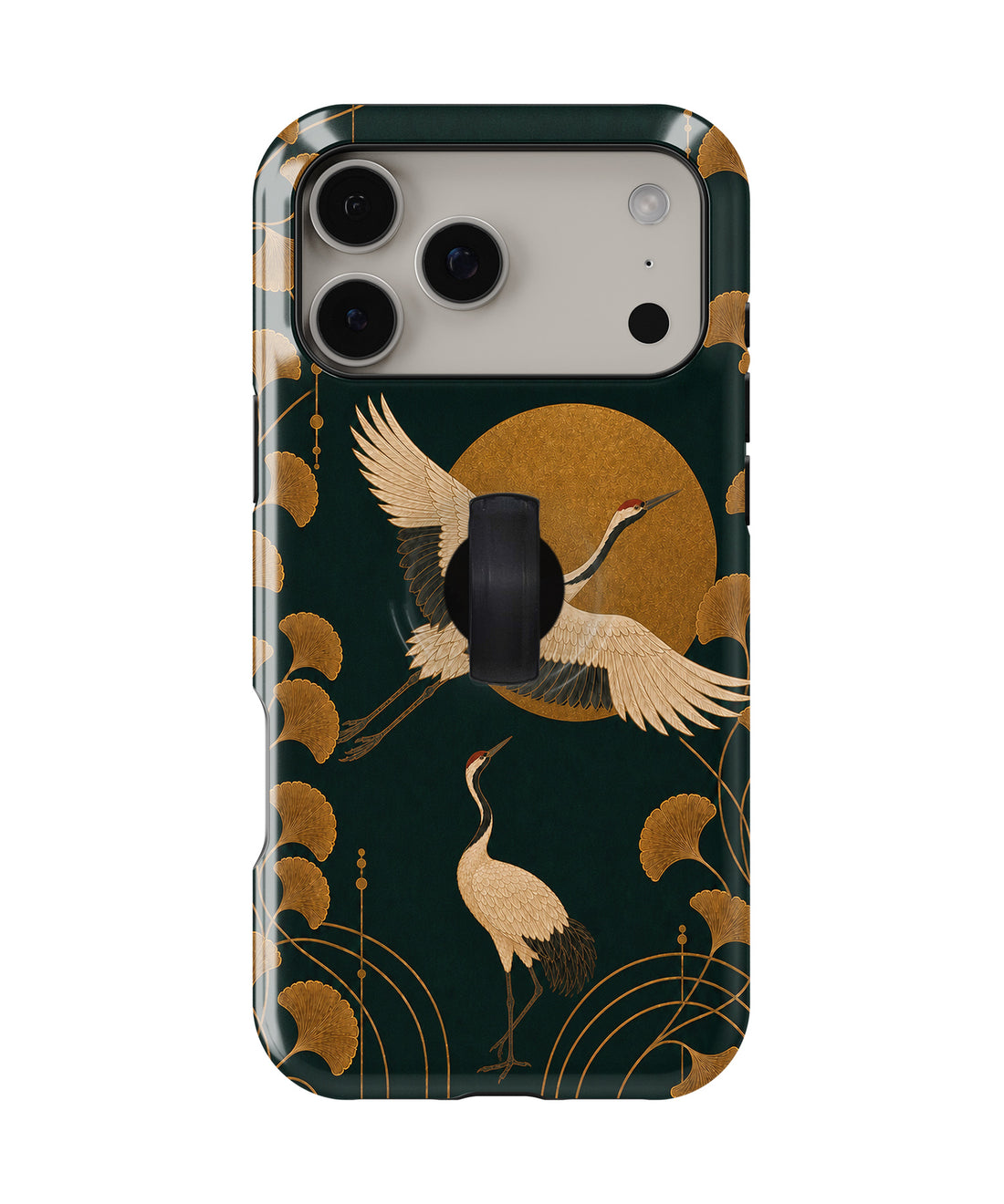 Dark Green Crane MagSafe Loop iPhone Case with built-in finger loop closed
